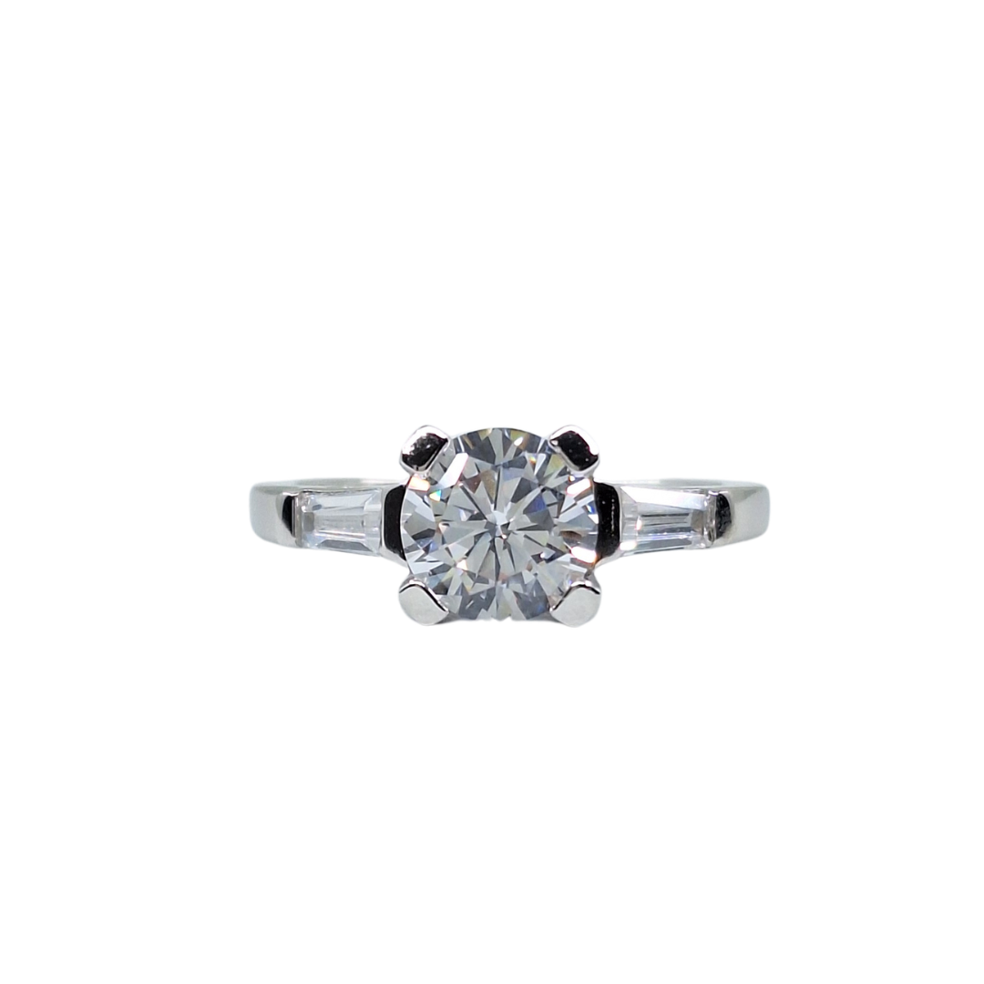 Silver Cubic Zirconia Solitaire Ring With Baguette Shoulders