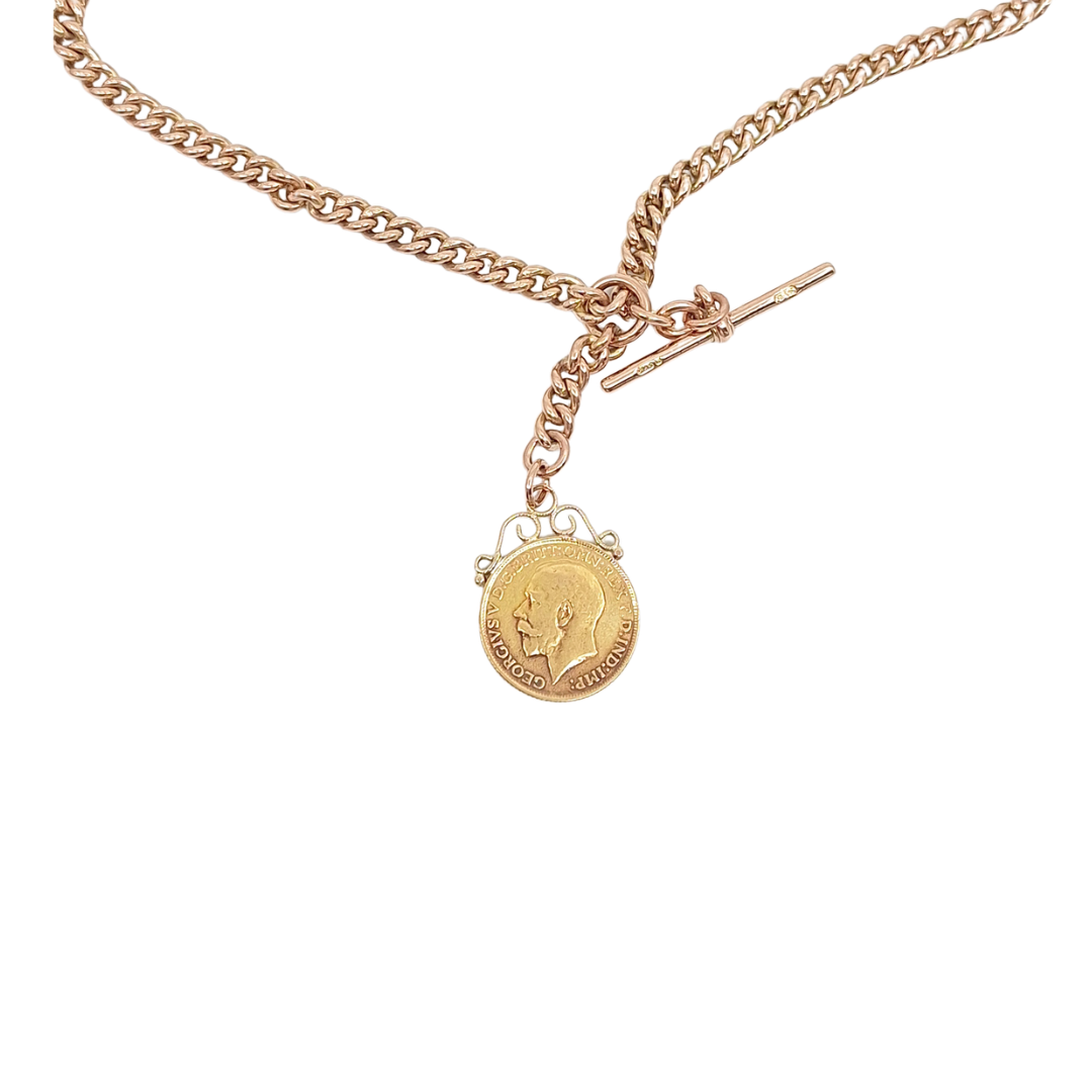 9ct Rose Gold Albert Chain 18" & Full Sovereign 1913