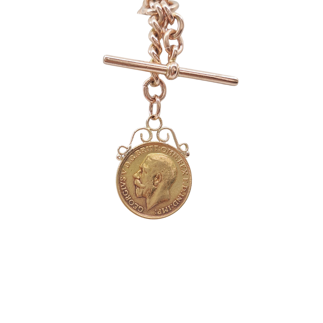 9ct Rose Gold Albert Chain 18" & Full Sovereign 1913