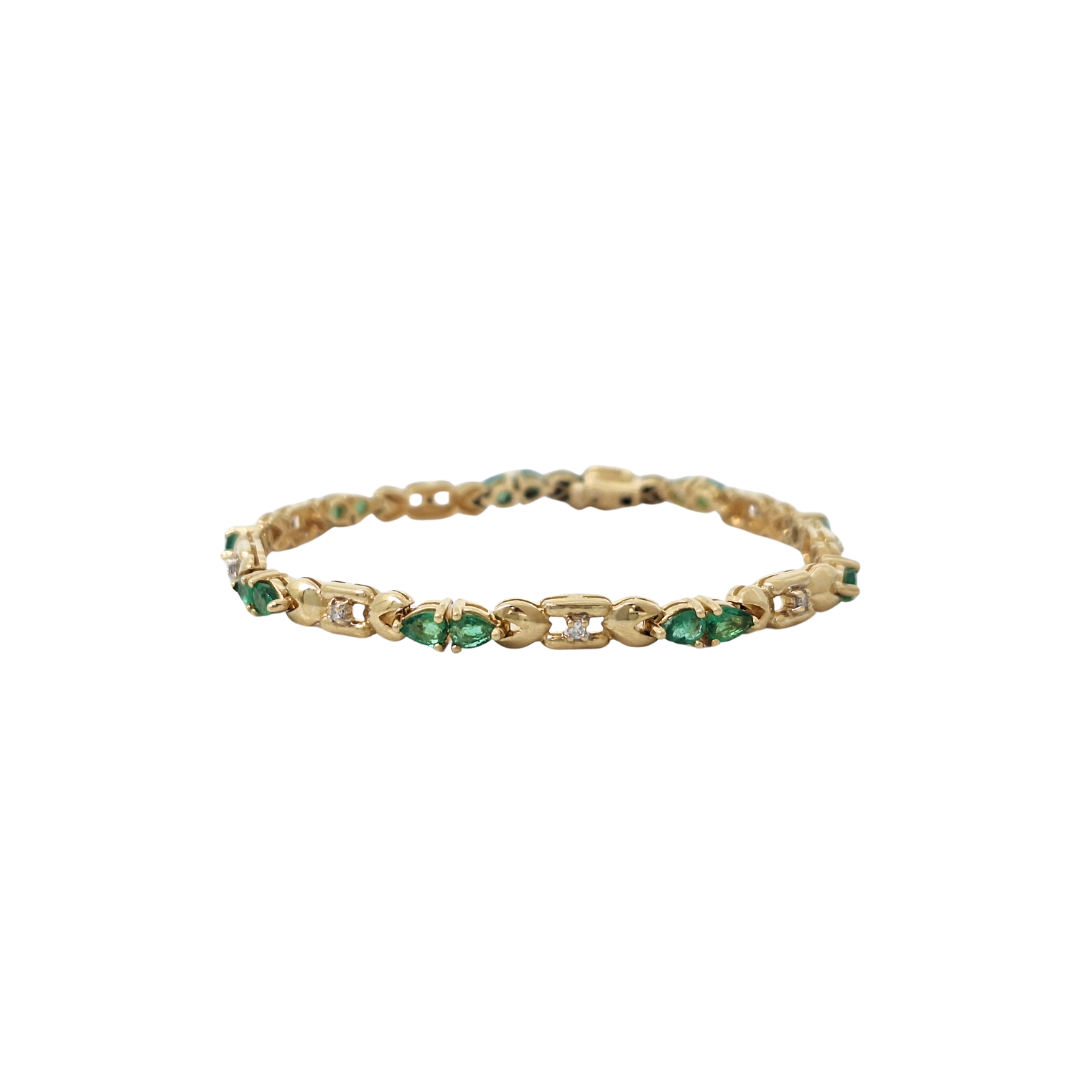 14ct Yellow Gold Emerald & Diamond Bracelet 7"