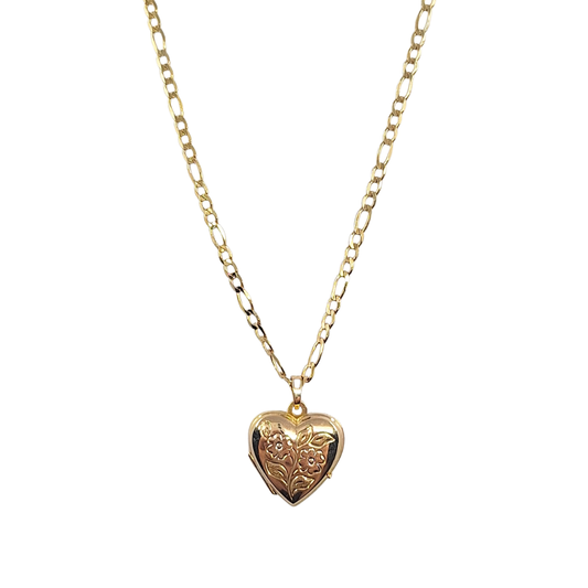 9ct Yellow Gold Figaro Chain 18" & Heart Locket Pendant