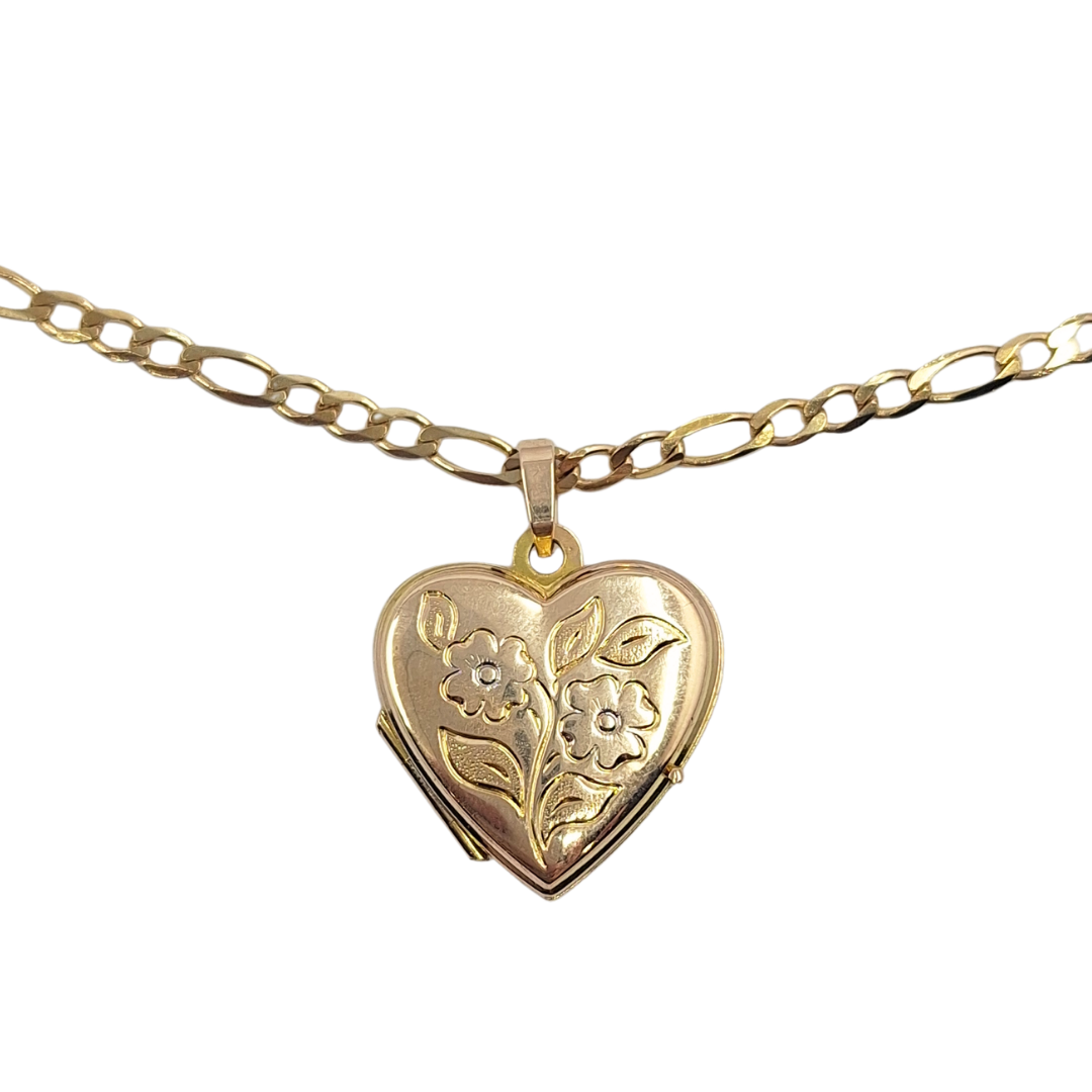 9ct Yellow Gold Figaro Chain 18" & Heart Locket Pendant