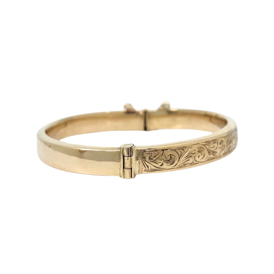 9ct Yellow Gold Engraved Hinged Bangle
