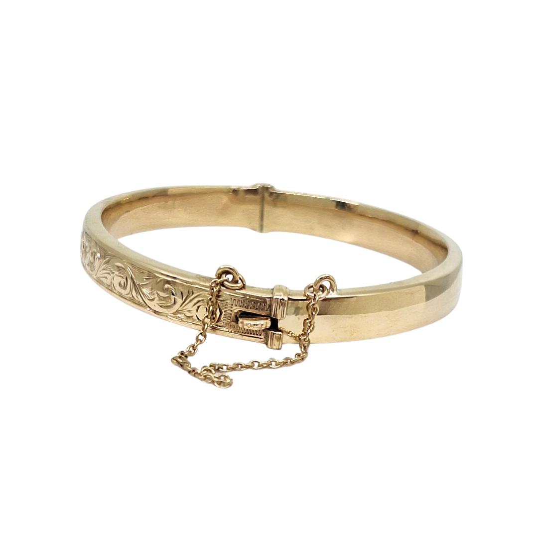 9ct Yellow Gold Engraved Hinged Bangle