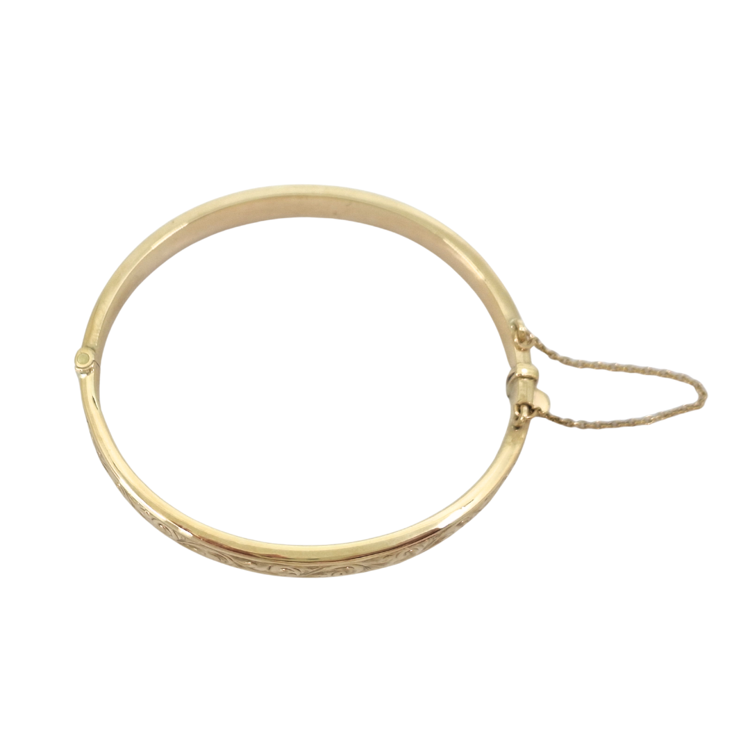 9ct Yellow Gold Engraved Hinged Bangle