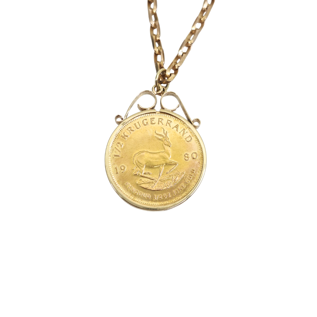 1980 Half Krugerrand Pendant & 9ct Yellow Gold Belcher Chain 24"
