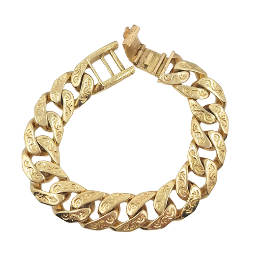 9ct Yellow Gold Patterned Curb Bracelet 9"