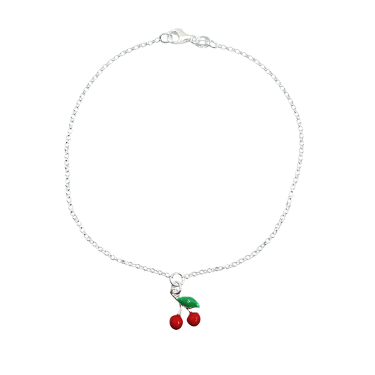 Silver Enamel Cherry Anklet 10"
