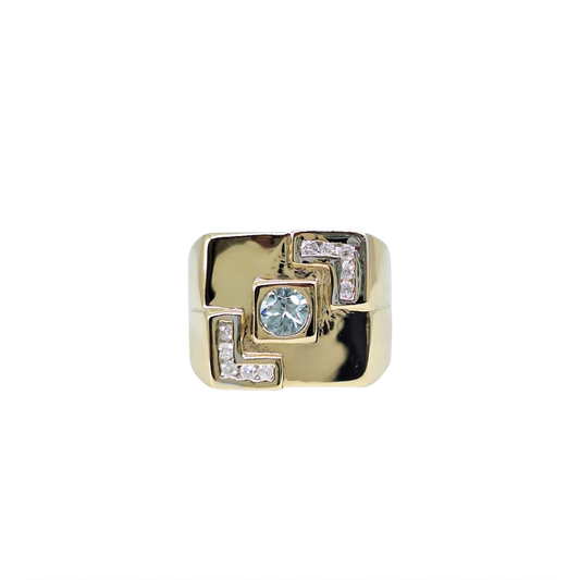 9ct Yellow Gold Blue Zircon & Diamond Signet Ring