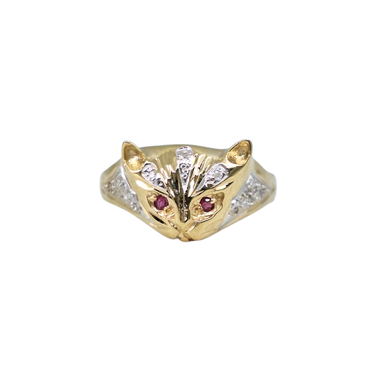 9ct Yellow Gold Ruby & Diamond Cat Ring