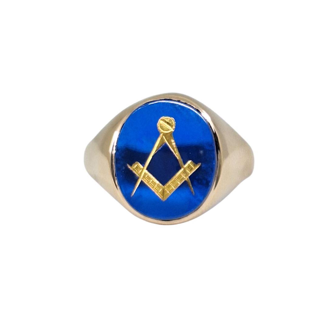 9ct Yellow Gold Synthetic Blue Stone Masonic Signet Ring