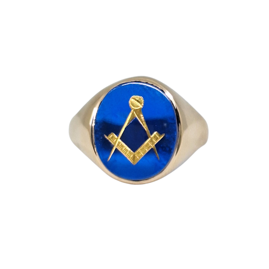 9ct Yellow Gold Synthetic Blue Stone Masonic Signet Ring