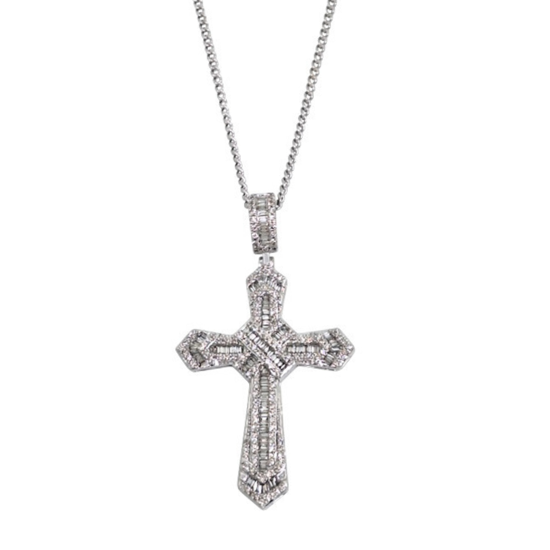 9ct White Gold Diamond Cross & Chain 20"  1ct