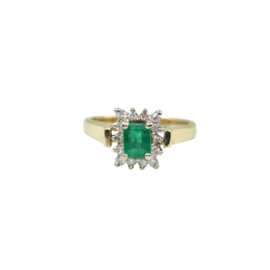 14ct Yellow Gold Emerald & Diamond Cluster Ring