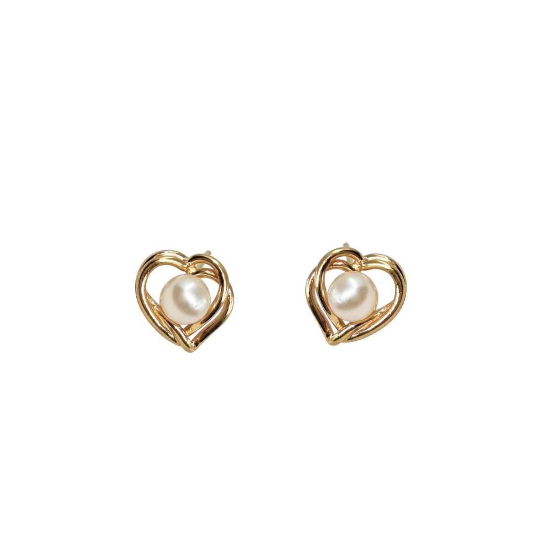 14ct Yellow Gold Heart Pearl Stud Earrings
