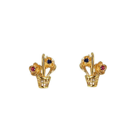 9ct Yellow Gold Ruby & Sapphire Flower Basket Stud Earrings