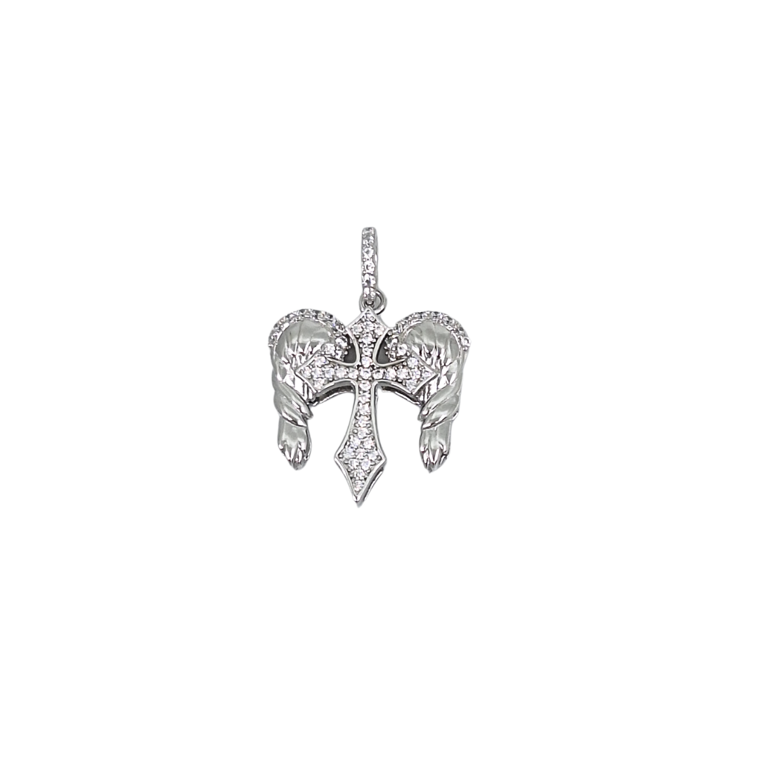 Silver CZ Angel Wings & Cross Pendant