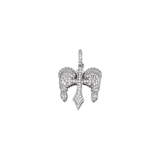 Silver CZ Angel Wings & Cross Pendant