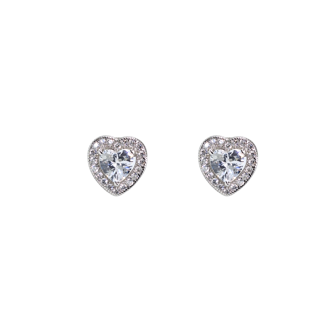 Silver Cubic Zirconia Heart Halo Stud Earrings