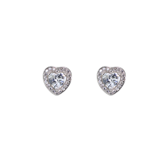 Silver Cubic Zirconia Heart Halo Stud Earrings