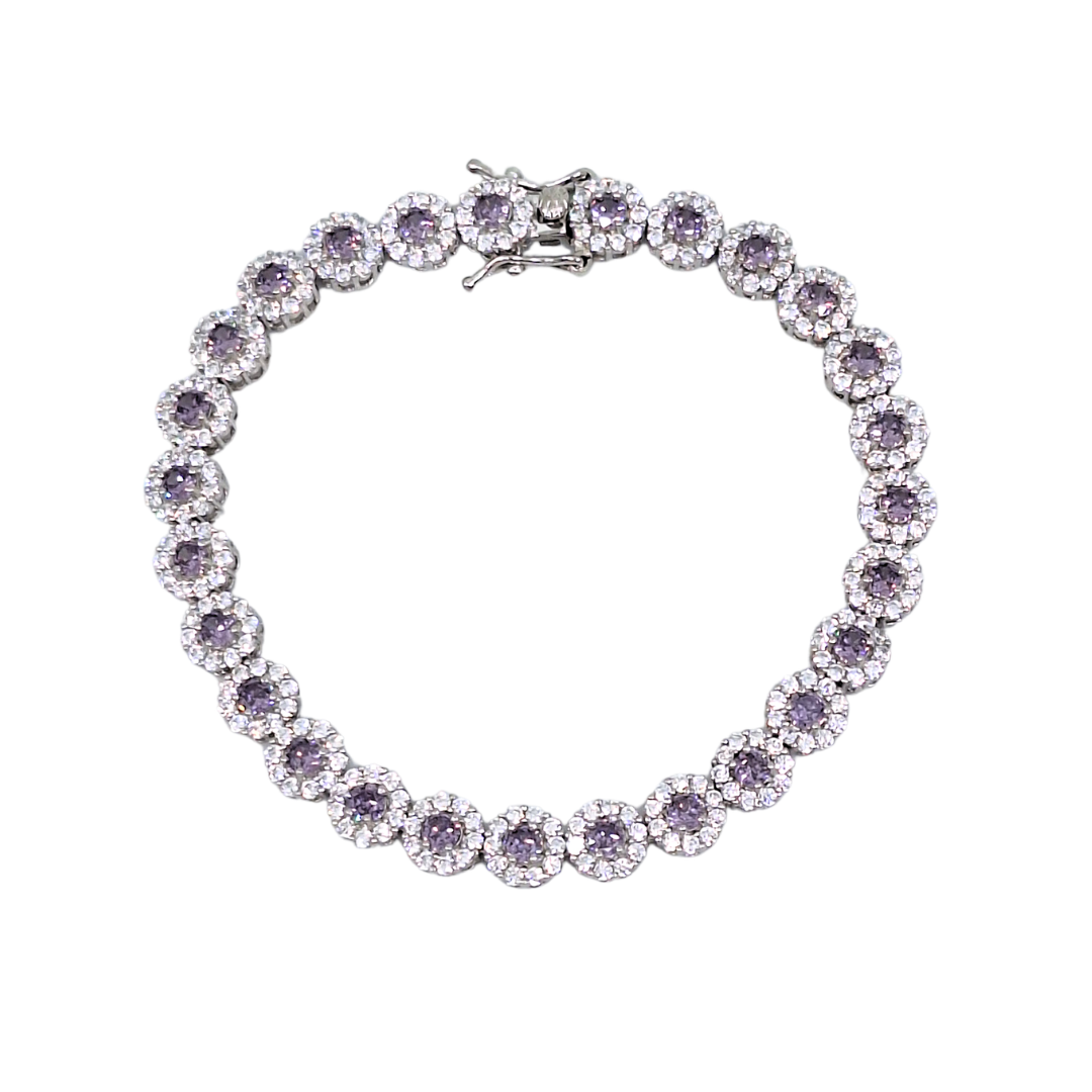 Silver Purple CZ Halo Bracelet 7.5"