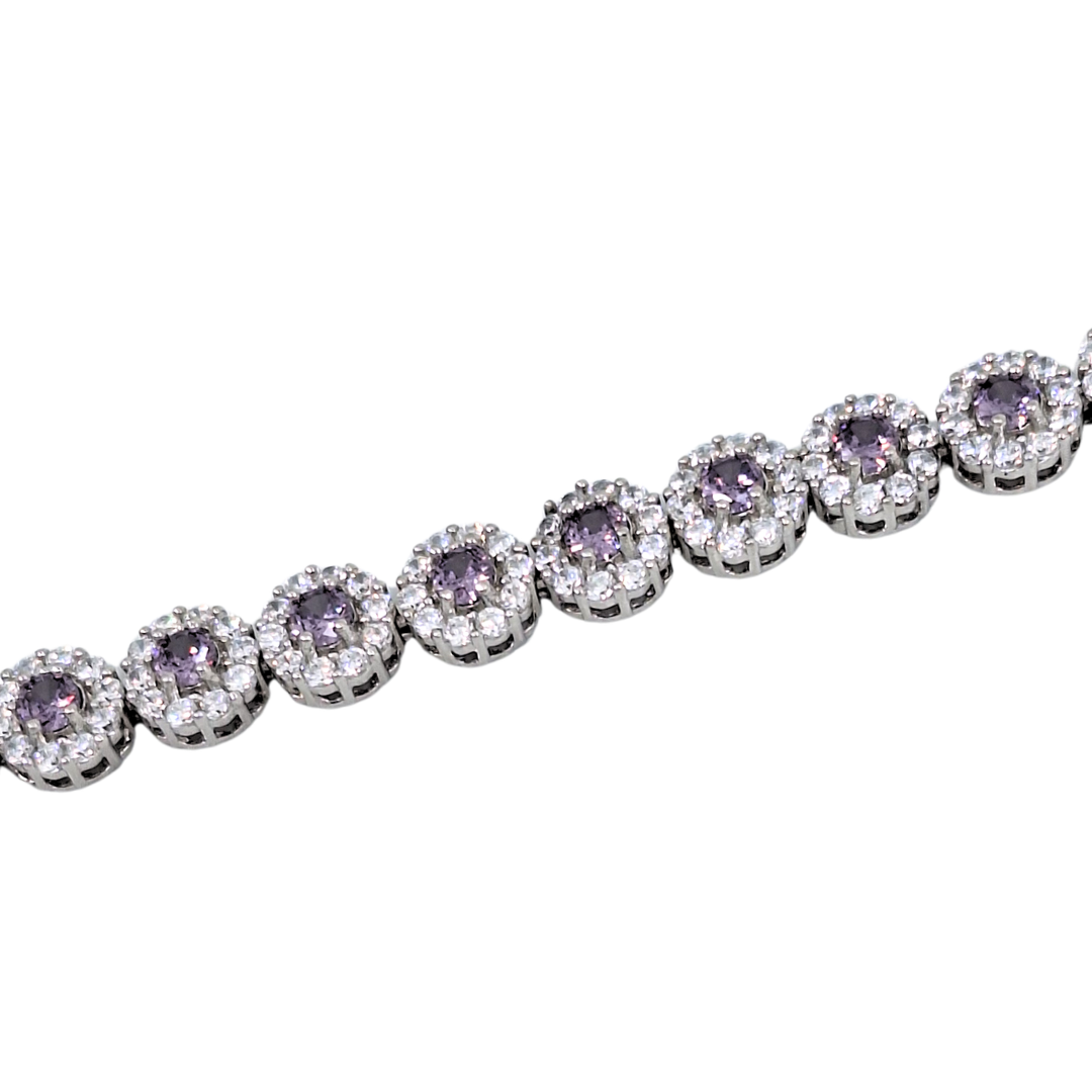 Silver Purple CZ Halo Bracelet 7.5"