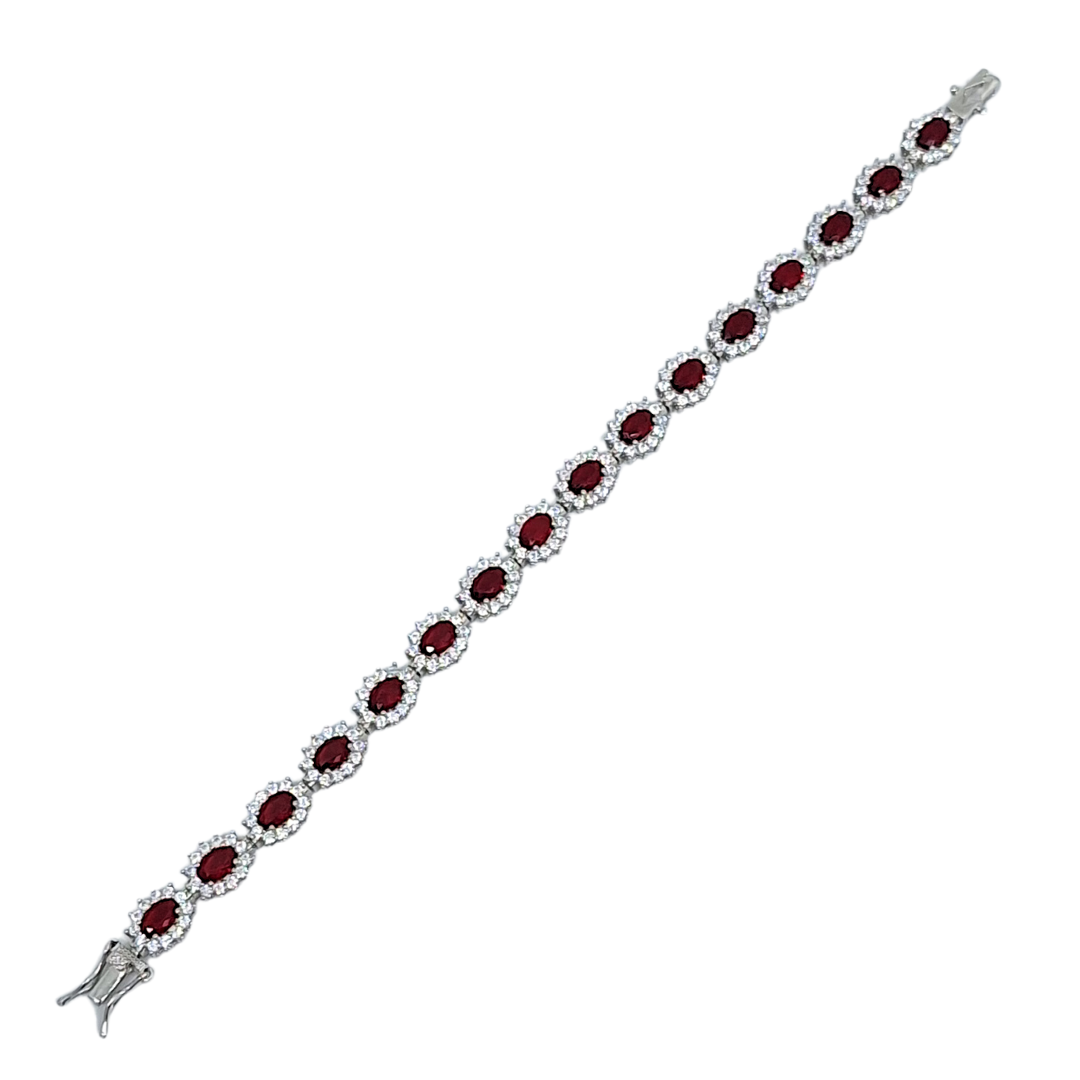 Silver Red Cubic Zirconia Halo Bracelet 7.5"