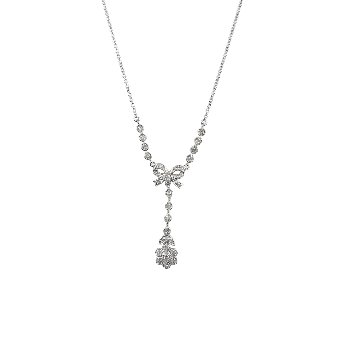 18ct White Gold Flower & Bow Diamond Drop Pendant 18"