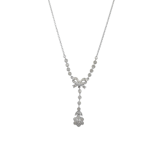 18ct White Gold Flower & Bow Diamond Drop Pendant 18"