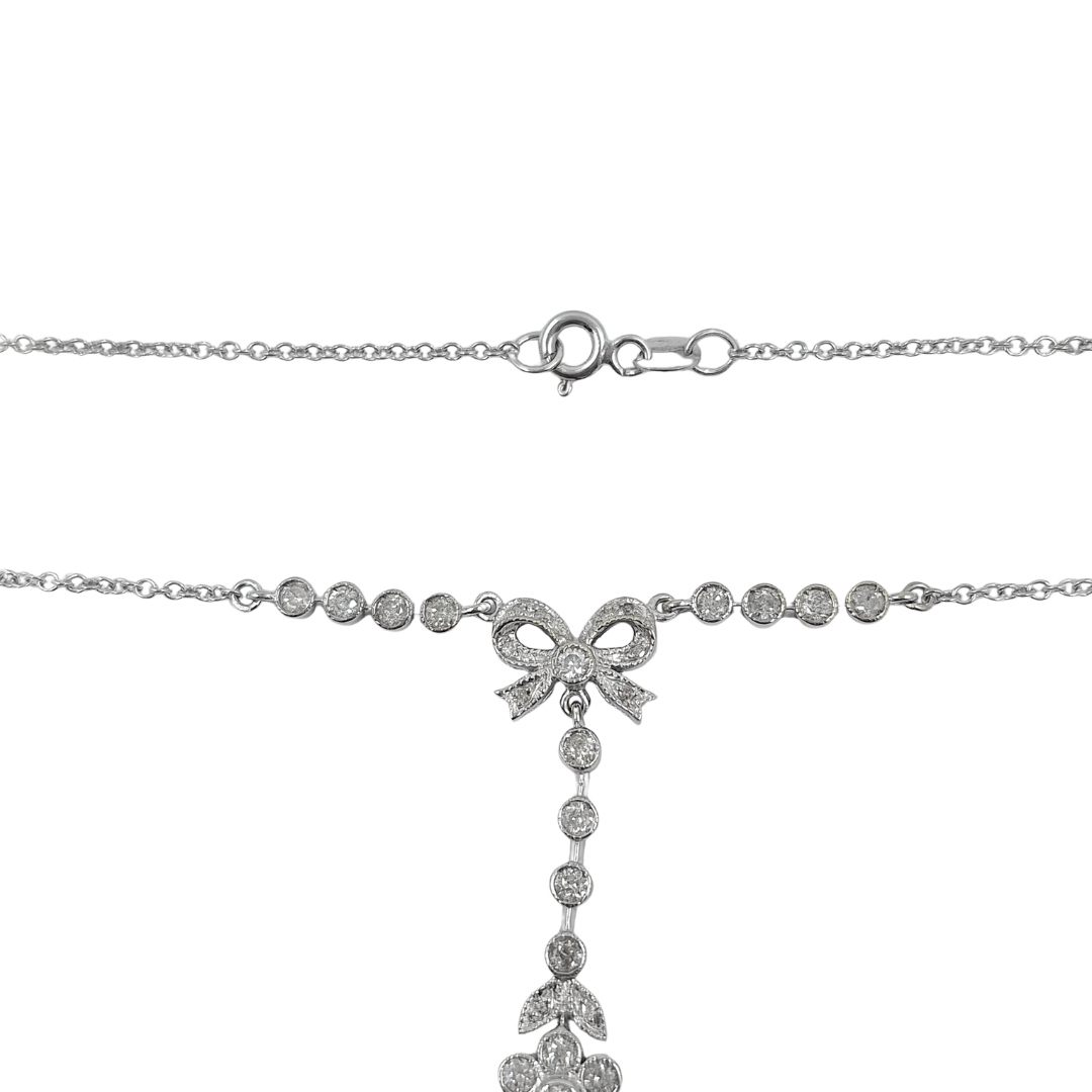 18ct White Gold Flower & Bow Diamond Drop Pendant 18"