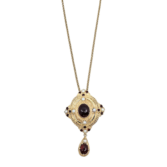 9ct Yellow Gold Garnet & Pearl Drop Pendant / Brooch With Chain 22"