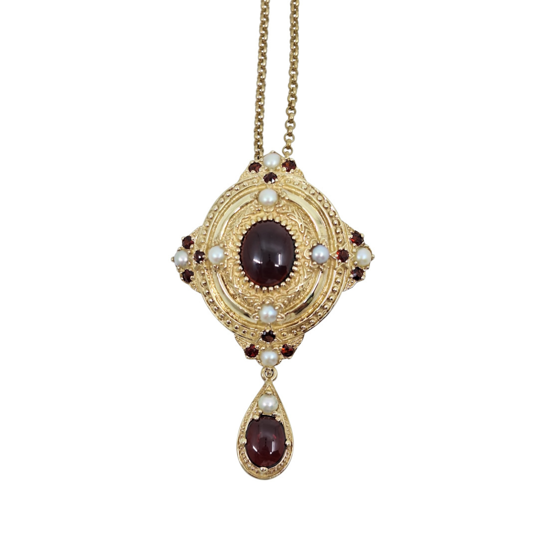 9ct Yellow Gold Garnet & Pearl Drop Pendant / Brooch With Chain 22"
