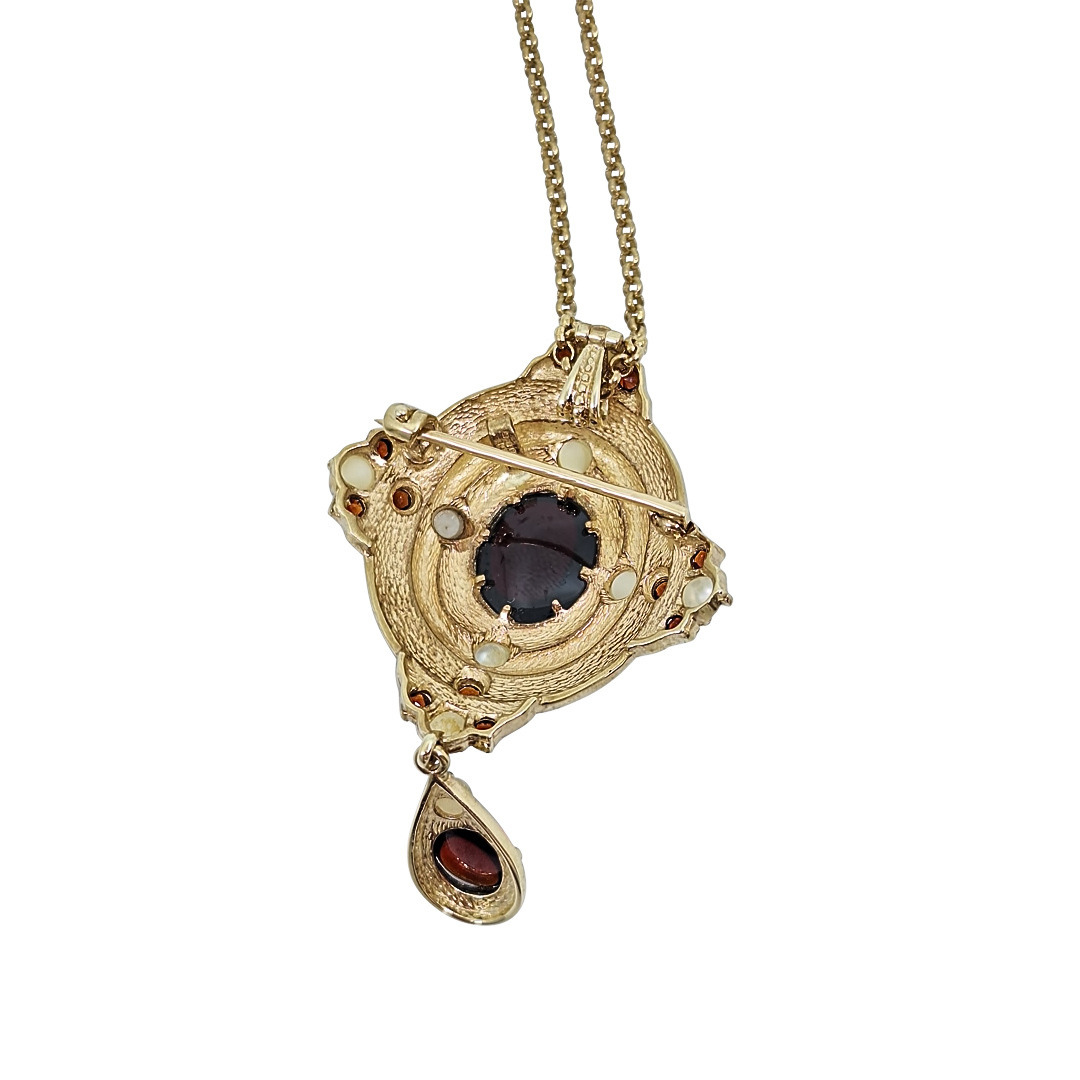 9ct Yellow Gold Garnet & Pearl Drop Pendant / Brooch With Chain 22"