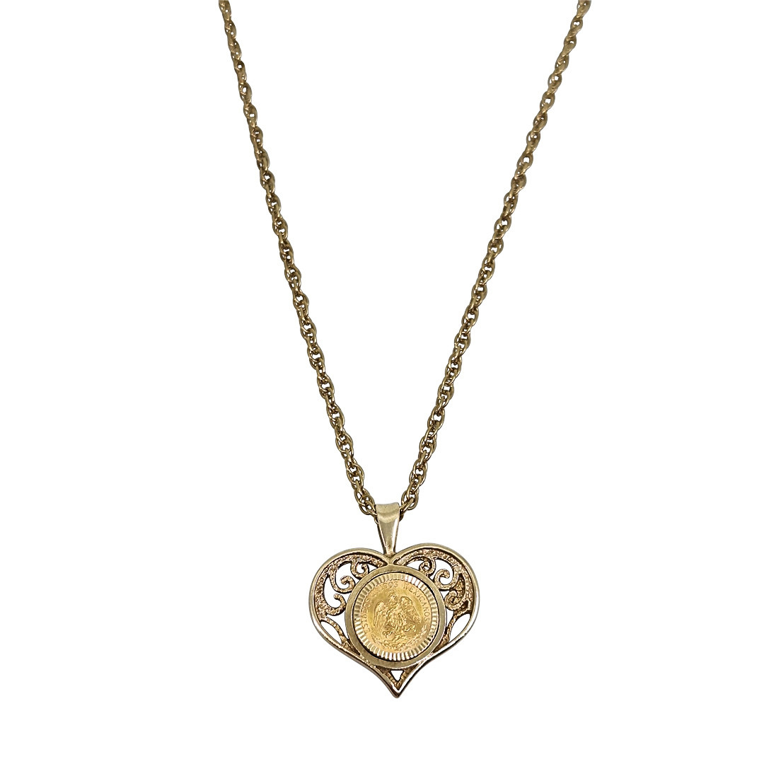 9ct Yellow Gold heart Peso Mexican Gold Coin Pendant & Chain 20"