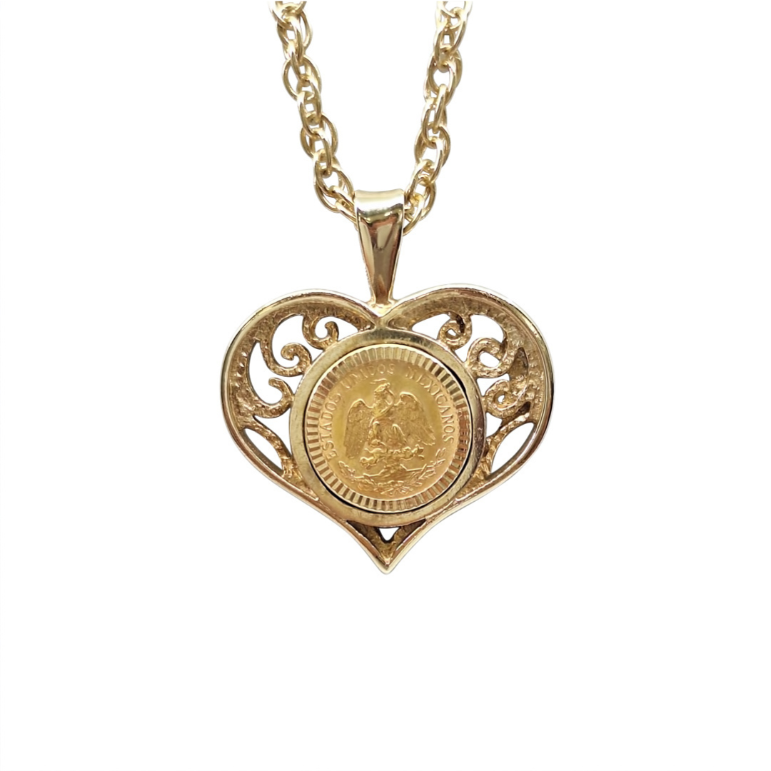9ct Yellow Gold heart Peso Mexican Gold Coin Pendant & Chain 20"