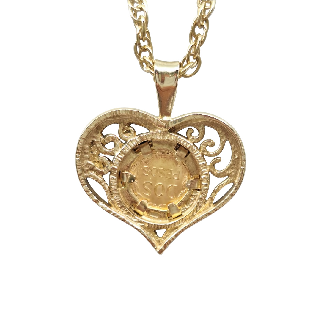 9ct Yellow Gold heart Peso Mexican Gold Coin Pendant & Chain 20"