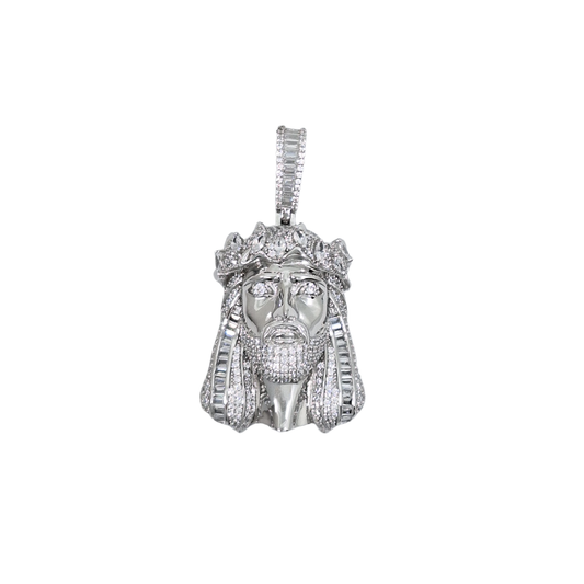 Silver Cubic Zirconia Jesus Head Pendant