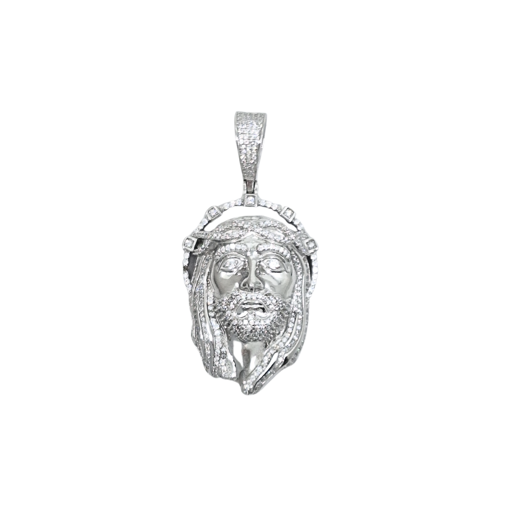 Silver Cubic Zirconia Jesus Head Pendant