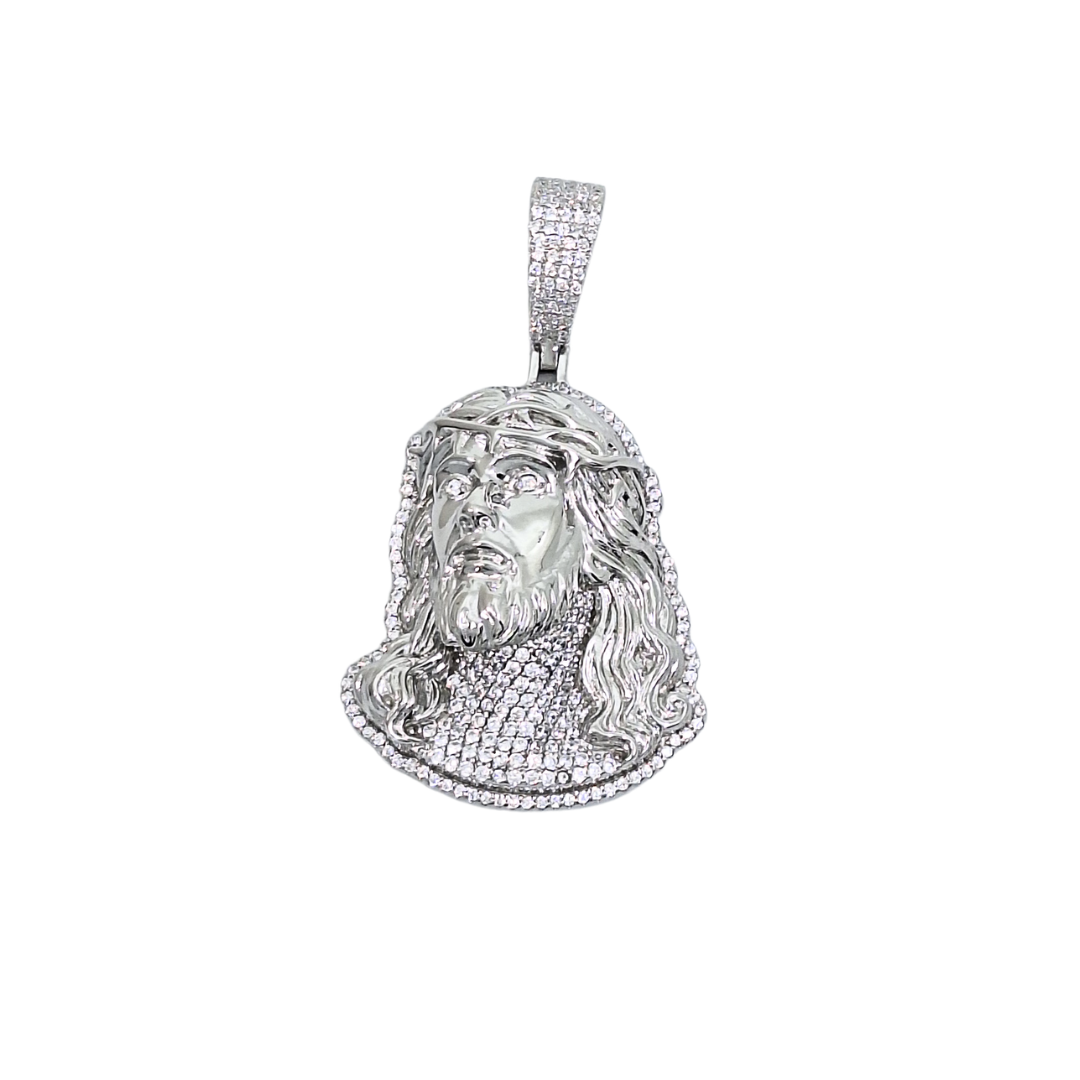 Silver Cubic Zirconia Jesus Head Pendant