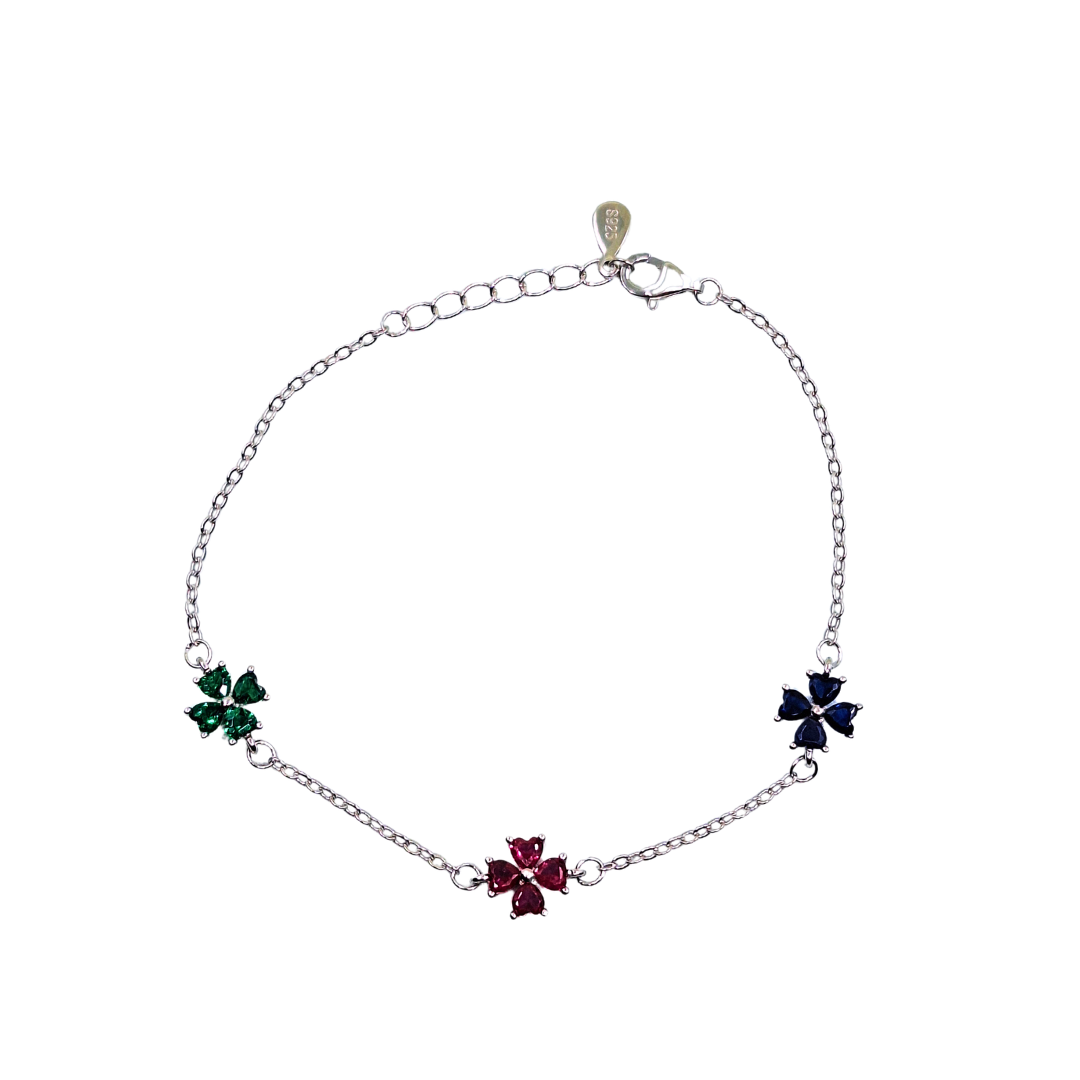 Silver Cubic Zirconia Rainbow Flower Bracelet 7.5"