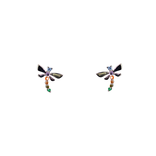 Silver Rainbow Cubic Zirconia Dragonfly Stud Earrings