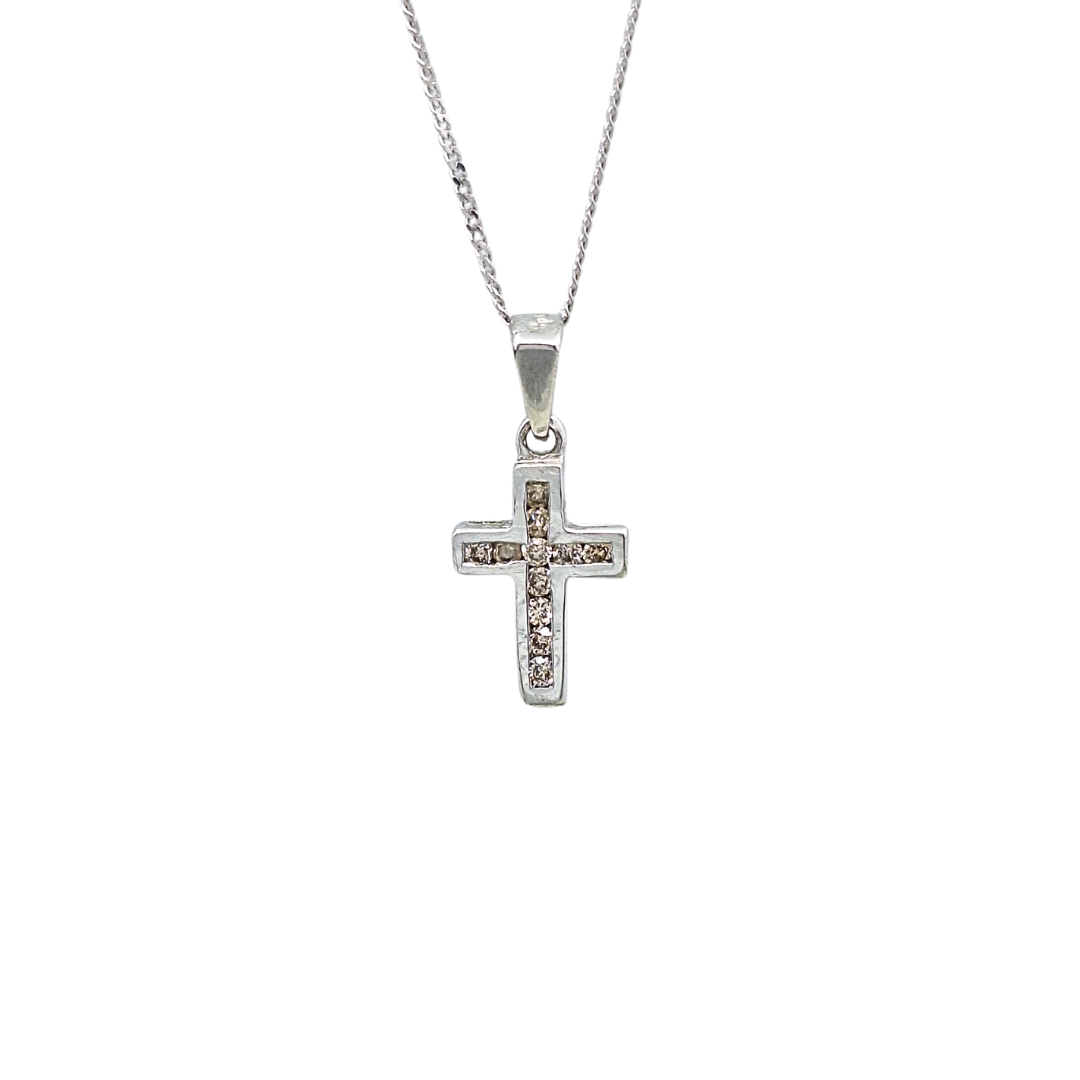 9ct White Gold Chanel Set Diamond Cross Necklace 0.1ct