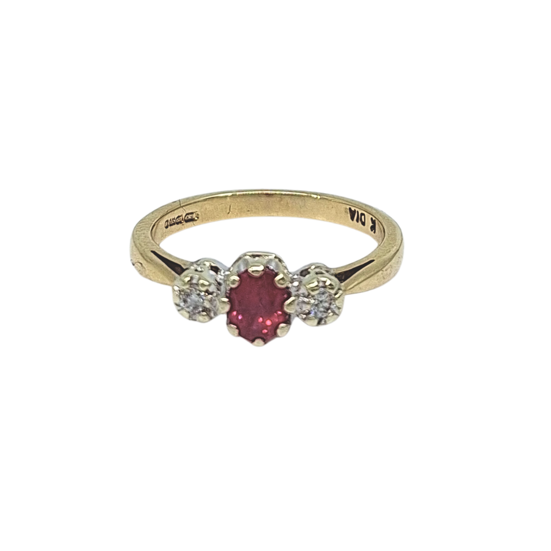9ct Yellow Gold Ruby & Diamond Three Stone Ring
