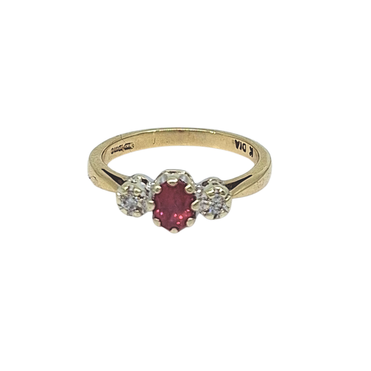 9ct Yellow Gold Ruby & Diamond Three Stone Ring