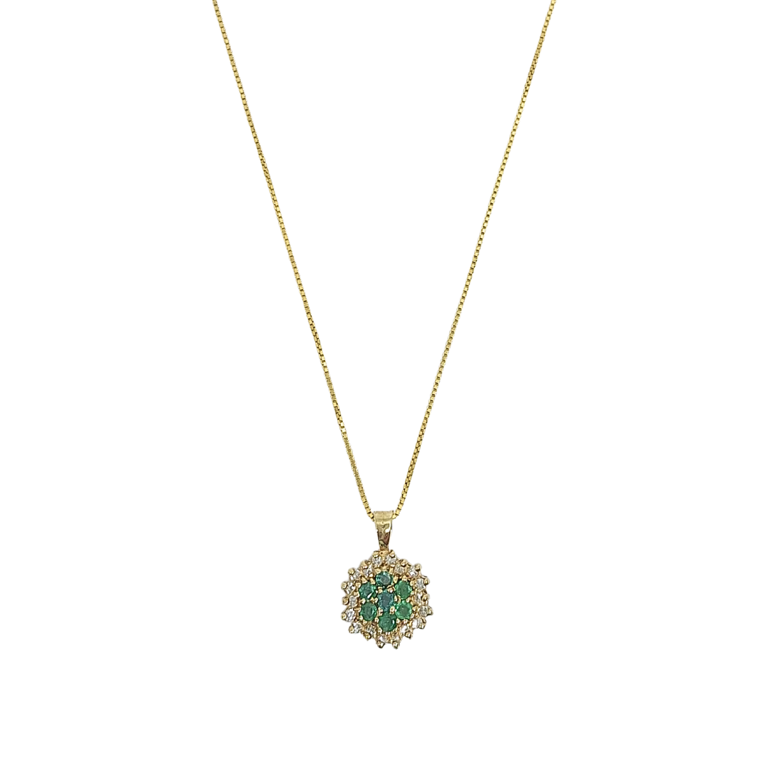 9ct Yellow Gold Emerald & Diamond Cluster Pendant