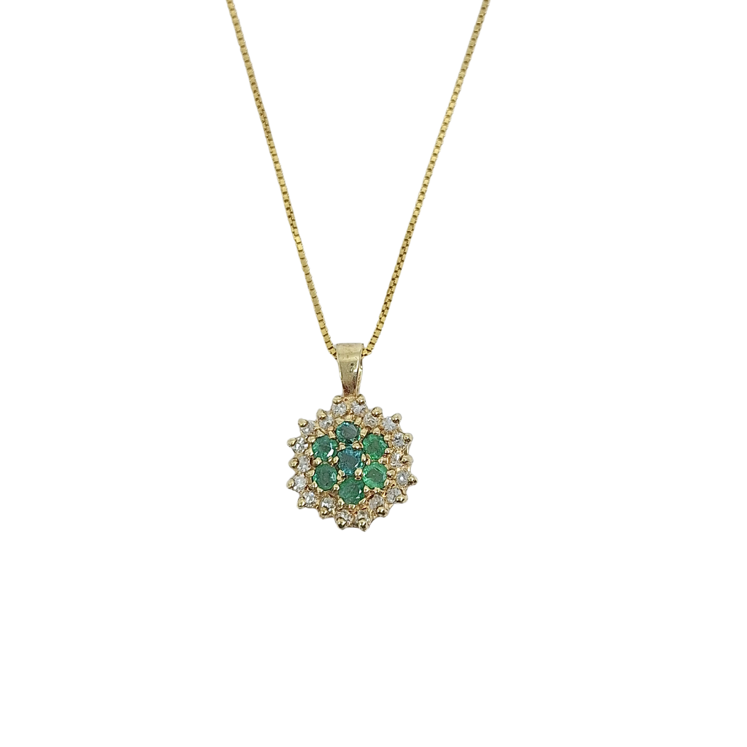 9ct Yellow Gold Emerald & Diamond Cluster Pendant