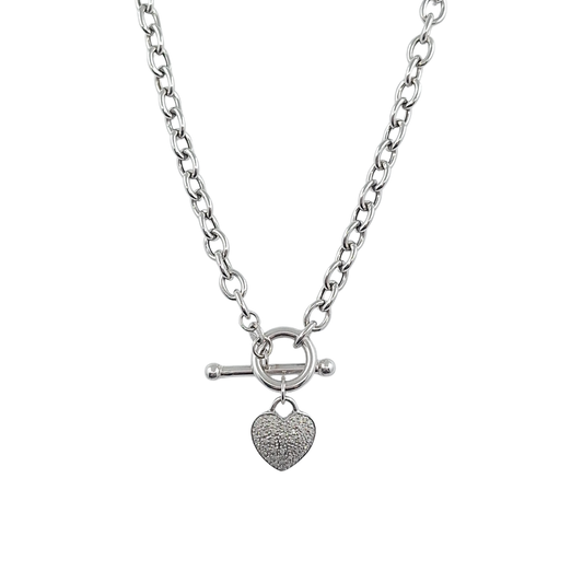 9ct White Gold Diamond Heart T Bar Chain 17"