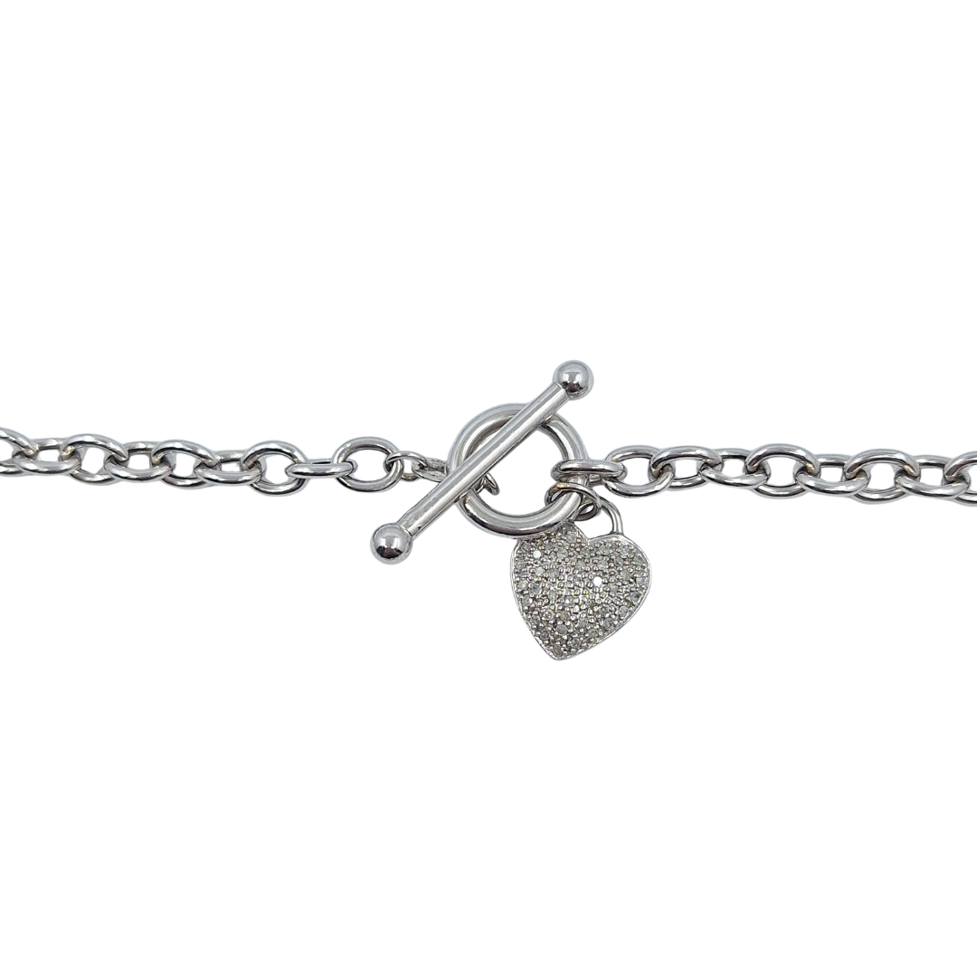9ct White Gold Diamond Heart T Bar Chain 17"