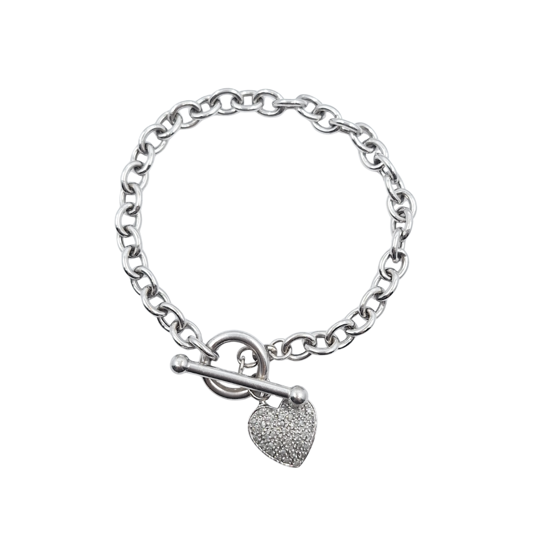 9ct White Gold Diamond Heart T-Bar Bracelet 7"