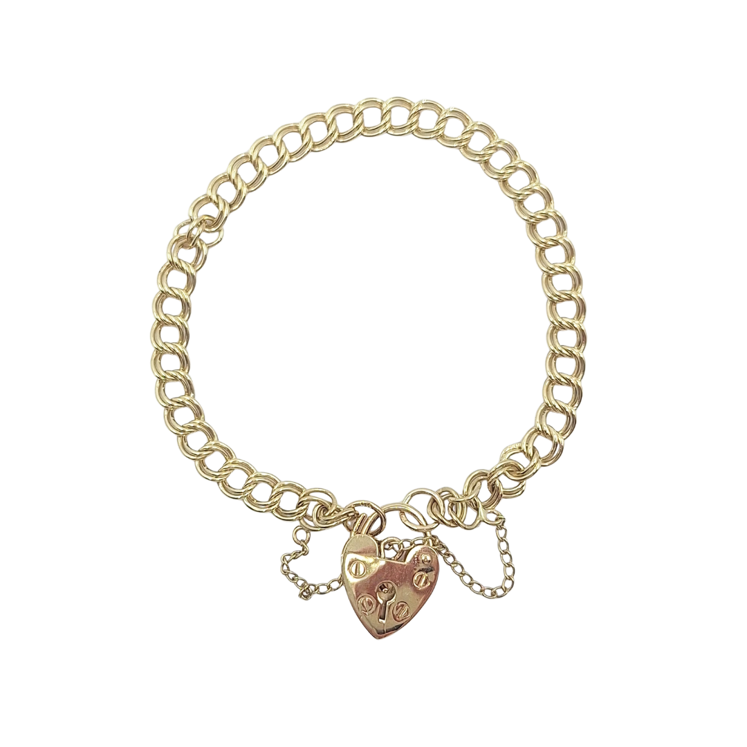 9ct Yellow Gold Double Link Heart Lock Bracelet